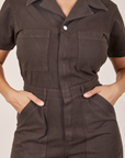 Front torso close up of Short Sleeve Jumpsuit in Espresso Brown worn by Tiara