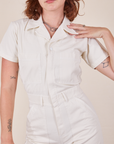 Front close up of Short Sleeve Jumpsuit in Vintage Tee Off-White worn by Alex