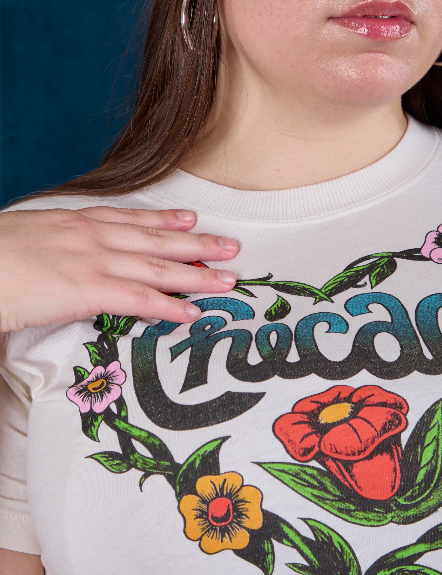 Chicago Tourist Tee front close up on Marielena