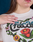 Chicago Tourist Tee front close up on Marielena