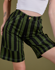 Longline Work Shorts in Evergreen close up on Alex