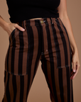 Black Stripe Work Pants in Fudgesicle Brown front close up on Tiara