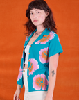 Paintstamped Pantry Button-Up in Hawaiian Blue side view on Alex