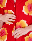 Paintstamped Pantry Button-Up in Mustang Red front close up on Alex