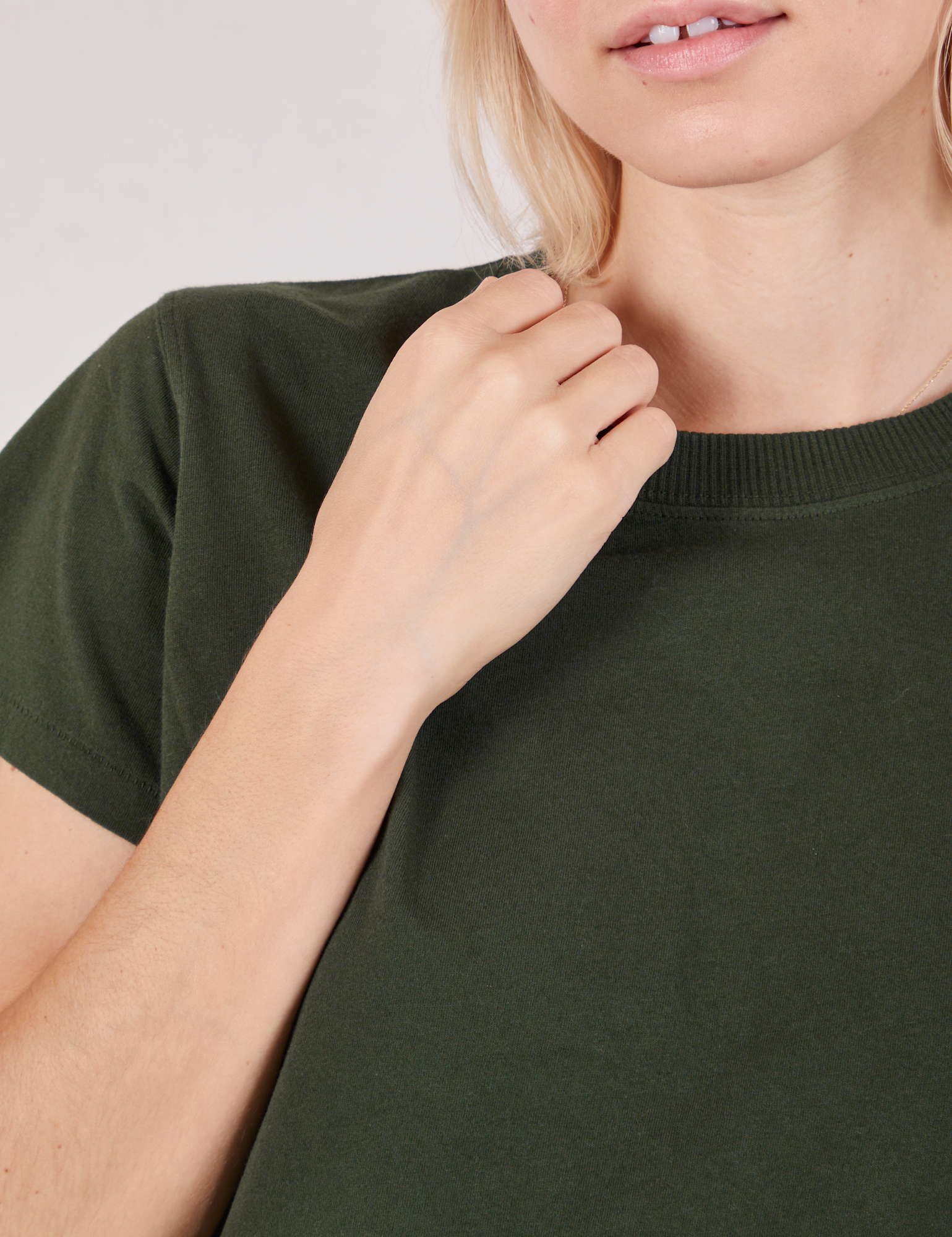 Organic Vintage Tee in Swamp Green front close up on Madeline
