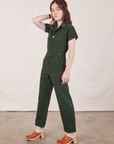 Petite Short Sleeve Jumpsuit in Swamp Green side view on Hana