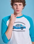 Taxi Raglan Tee in San Francisco front close up on Quinn