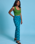 Angled front view of Checkerboard Work Pants in Blues and lawn green Cropped Tank