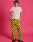 Quinn is wearing Checkerboard Work Pants in Green/Yellow and Organic Vintage Tee in Vintage Off-White