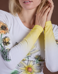 Floral Long Sleeve Baby Tee in Yellow close up of sleeves that have a yellow gradient