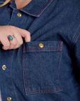 Close up of Indigo Denim Work Jacket in Dark Wash front pocket