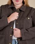 Denim Work Jacket in Espresso Brown front close up on Juliet