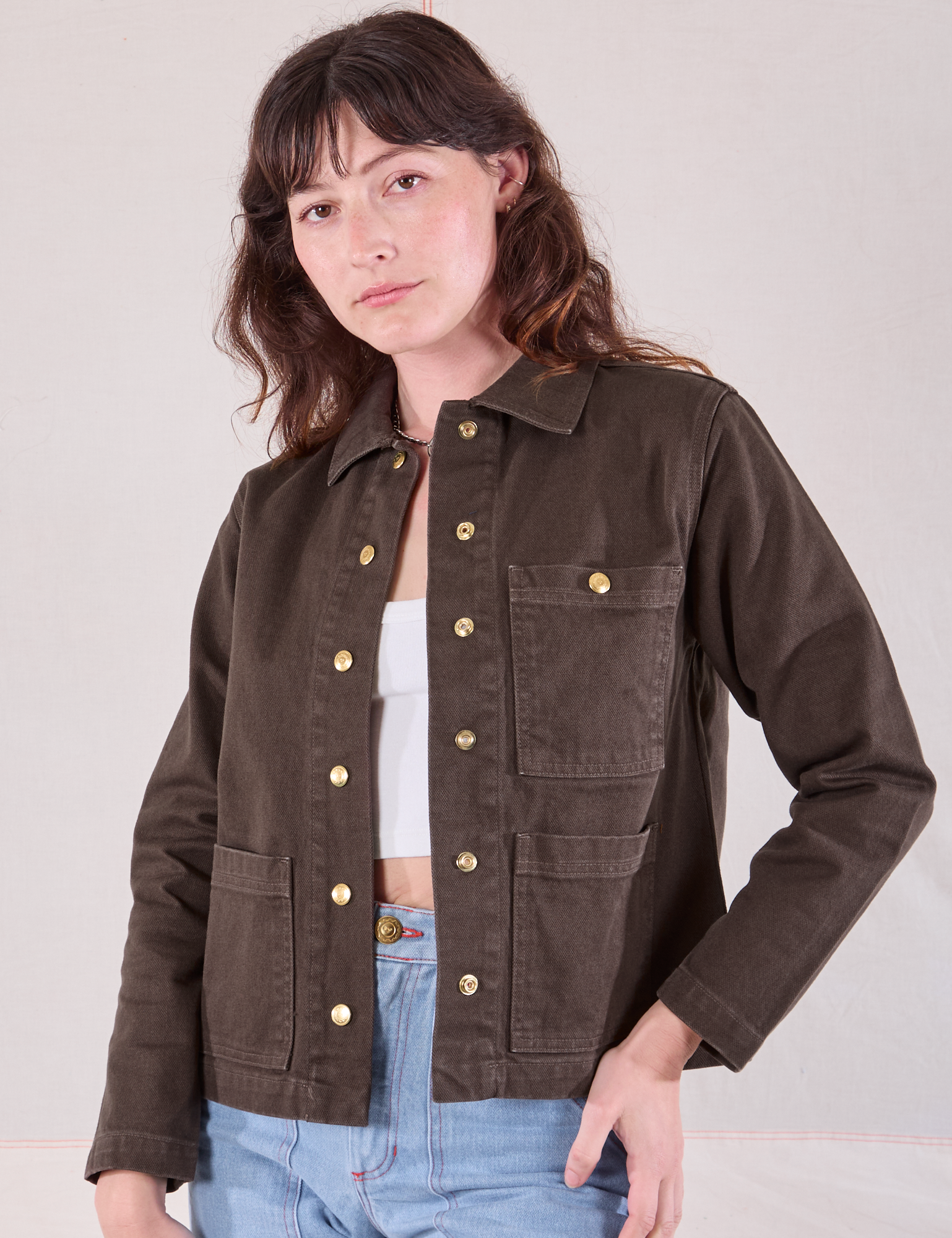 Denim Work Jacket in Espresso Brown worn by Alex