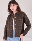 Denim Work Jacket in Espresso Brown worn by Alex