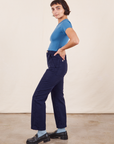 Work Pants in Navy Blue side view on Soraya wearing Greek Blue Baby Tee
