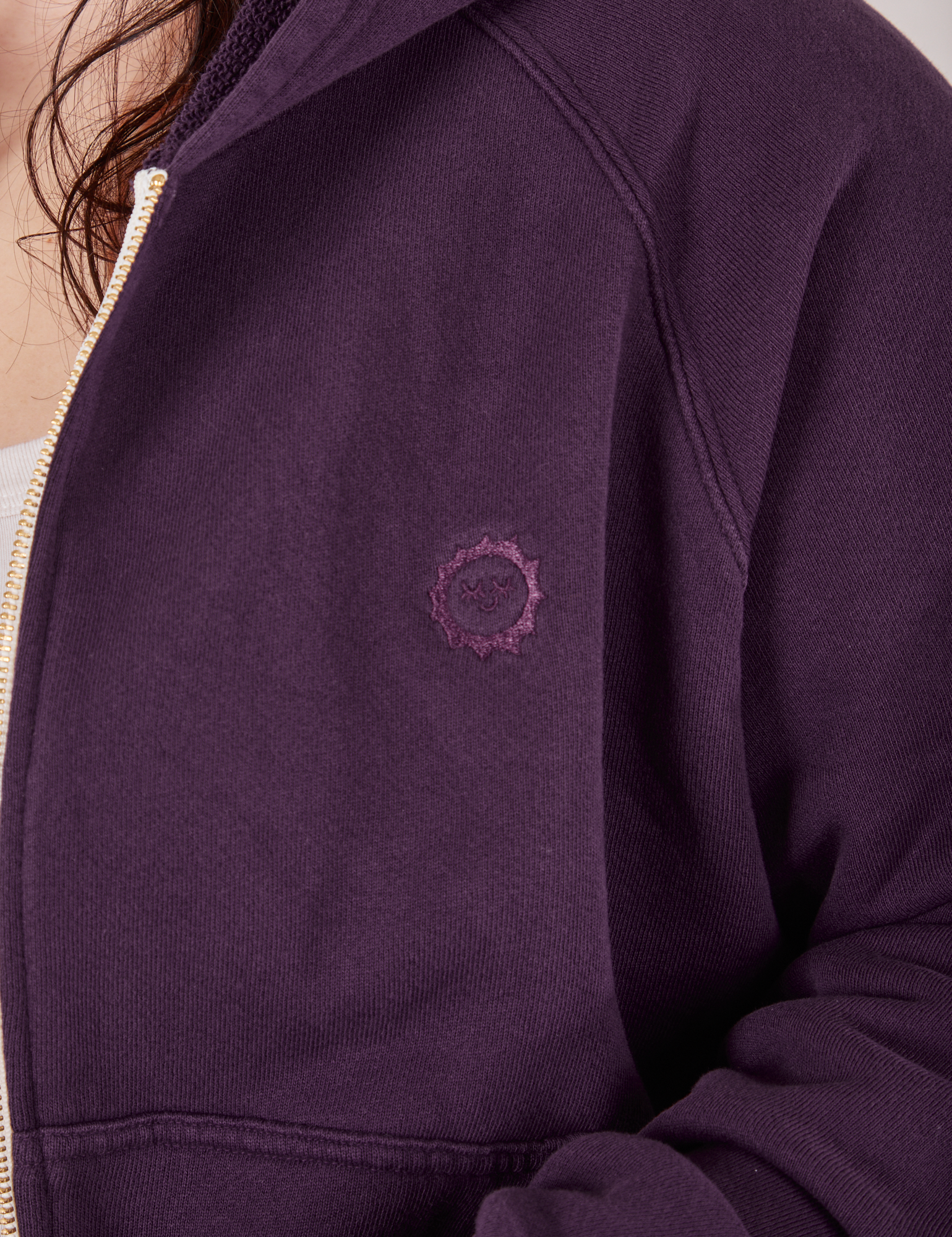 Cropped Zip Hoodie in Nebula Purple front close up.