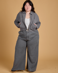 Heritage Mechanic Jacket in Washed Grey and matching Wide Leg Trousers on Ashley