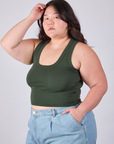 Cropped Tank Top in Swamp Green angled front view on Ashley