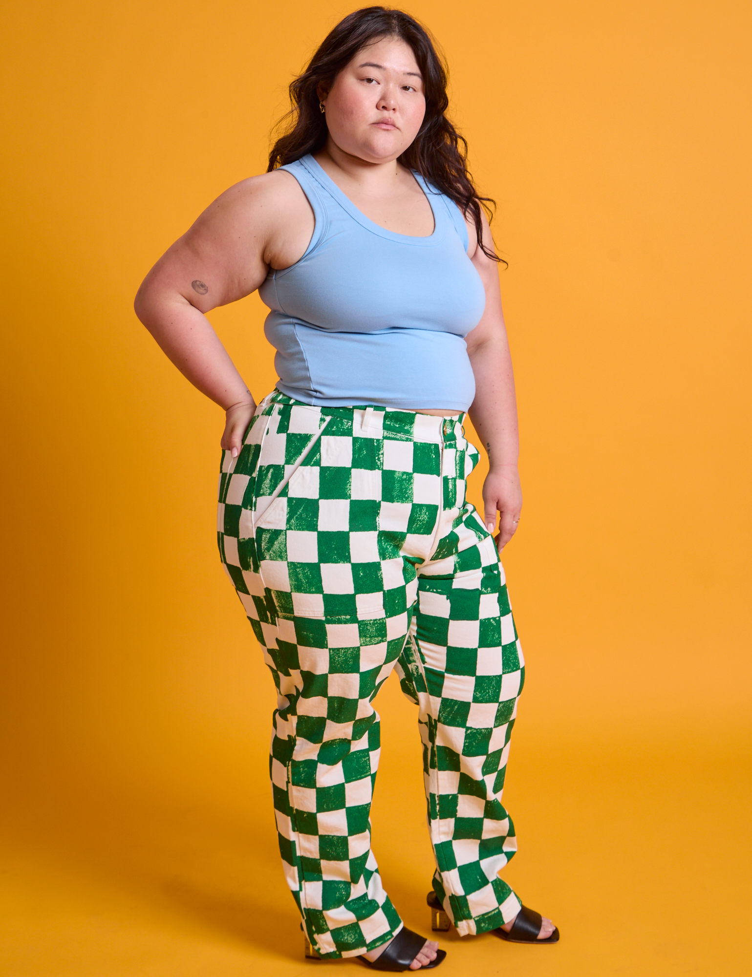 Side view of Checkerboard Work Pants in White/Green on Ashley