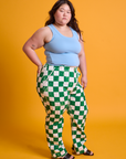 Side view of Checkerboard Work Pants in White/Green on Ashley