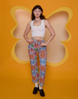Butterfly Kaleidoscope Work Pants and Cropped Tank in vintage tee white on Alex