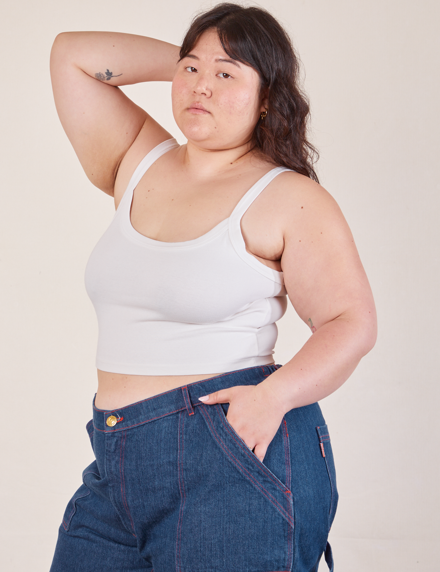 Cropped Cami in Vintage Tee Off-White angled front view on Ashley