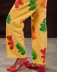 Gummy Bear Paintstamped Work Pants in Butter Yellow pant leg close up on Kandia