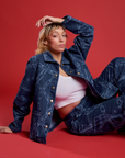 Tiara wearing the Chain Link Work Jacket paired with matching Chain Link Carpenter Jeans