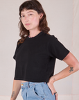 Cropped Burly Tee in Basic Black angled front view on Alex