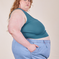 Side view of Cropped Tank Top in Marine Blue worn by Catie