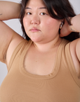 Cropped Tank Top in Tan neckline close up on Ashley
