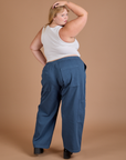 Back view of Drop Pocket Cargo Pants in French Blue and Cropped Tank in vintage tee white