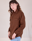 Flannel Overshirt in Fudgesicle Brown angled front view on Alex