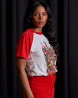 Short Sleeve Raglan Tee in Gates of Hell side view on Kandia