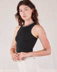 Racerback Tank in Basic Black angled front view on Alex