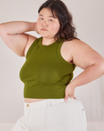Racerback Tank in Summer Olive angled front view on Ashley