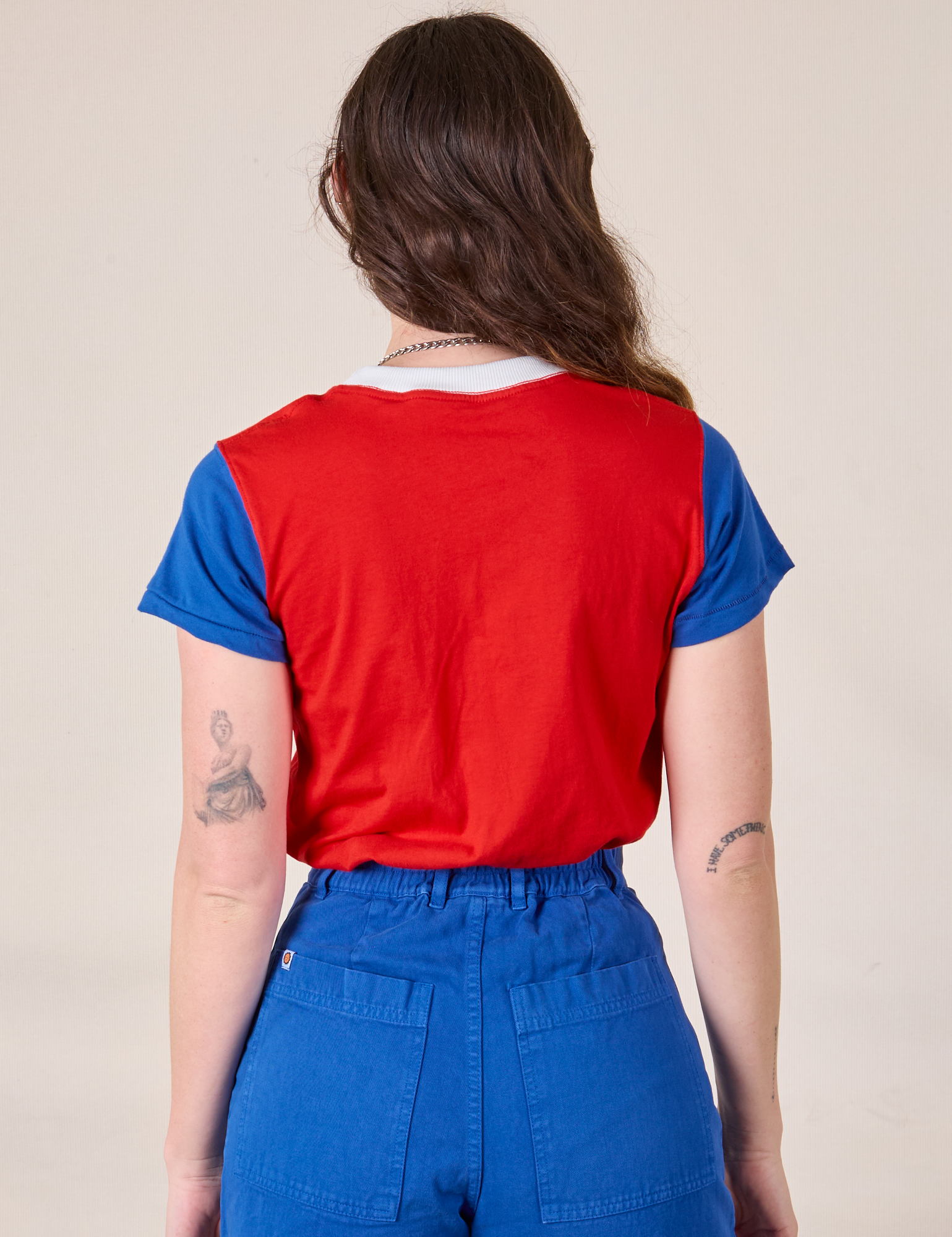 Mismatched Tee in Red & Blue back view on Alex
