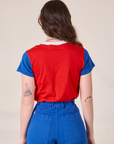 Mismatched Tee in Red & Blue back view on Alex