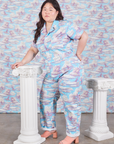 Angled front view of Cloud Kingdom Jumpsuit on Ashley