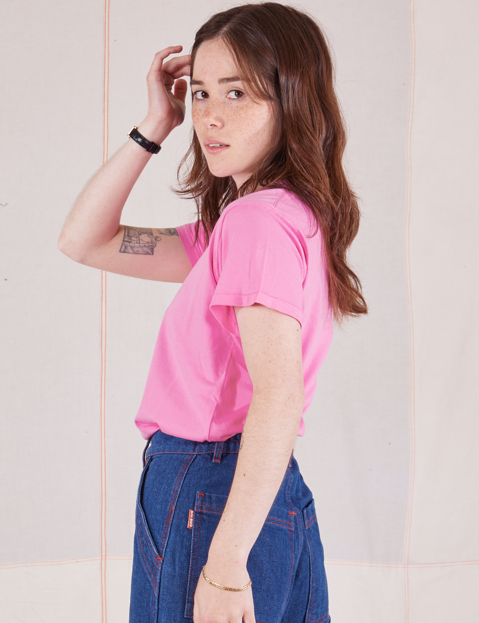 Side view of Organic Vintage Tee in Bubblegum Pink on Hana