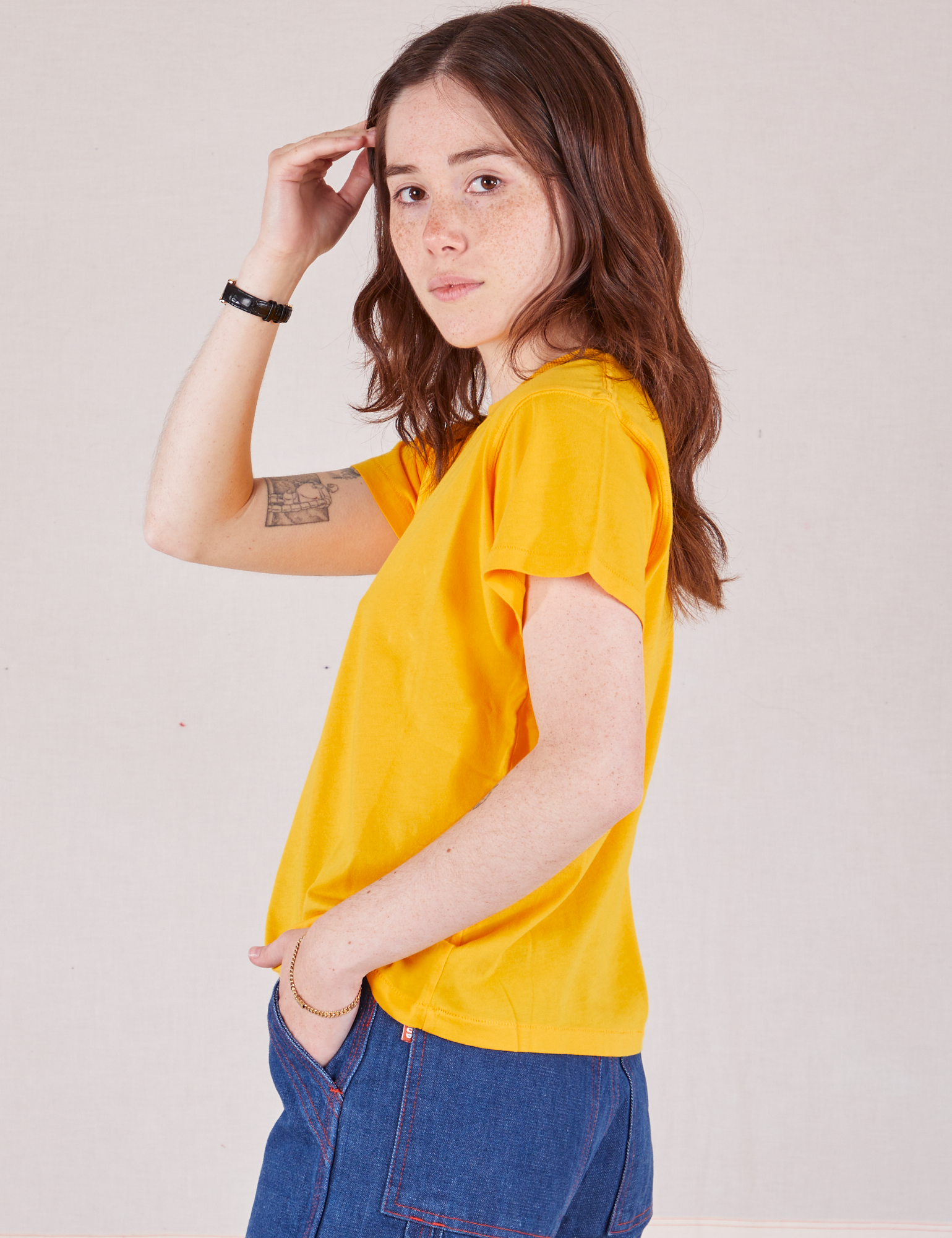 Organic Vintage Tee in Sunshine Yellow side view on Hana