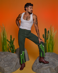 Paintstamped Work Pants in Cactus and Cropped Tank in Vintage Tee White worn by Jesse