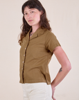 Pantry Button-Up in Desert Brown angled front view on Alex