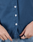 Pantry Button-Up in French Blue front close up on Alex