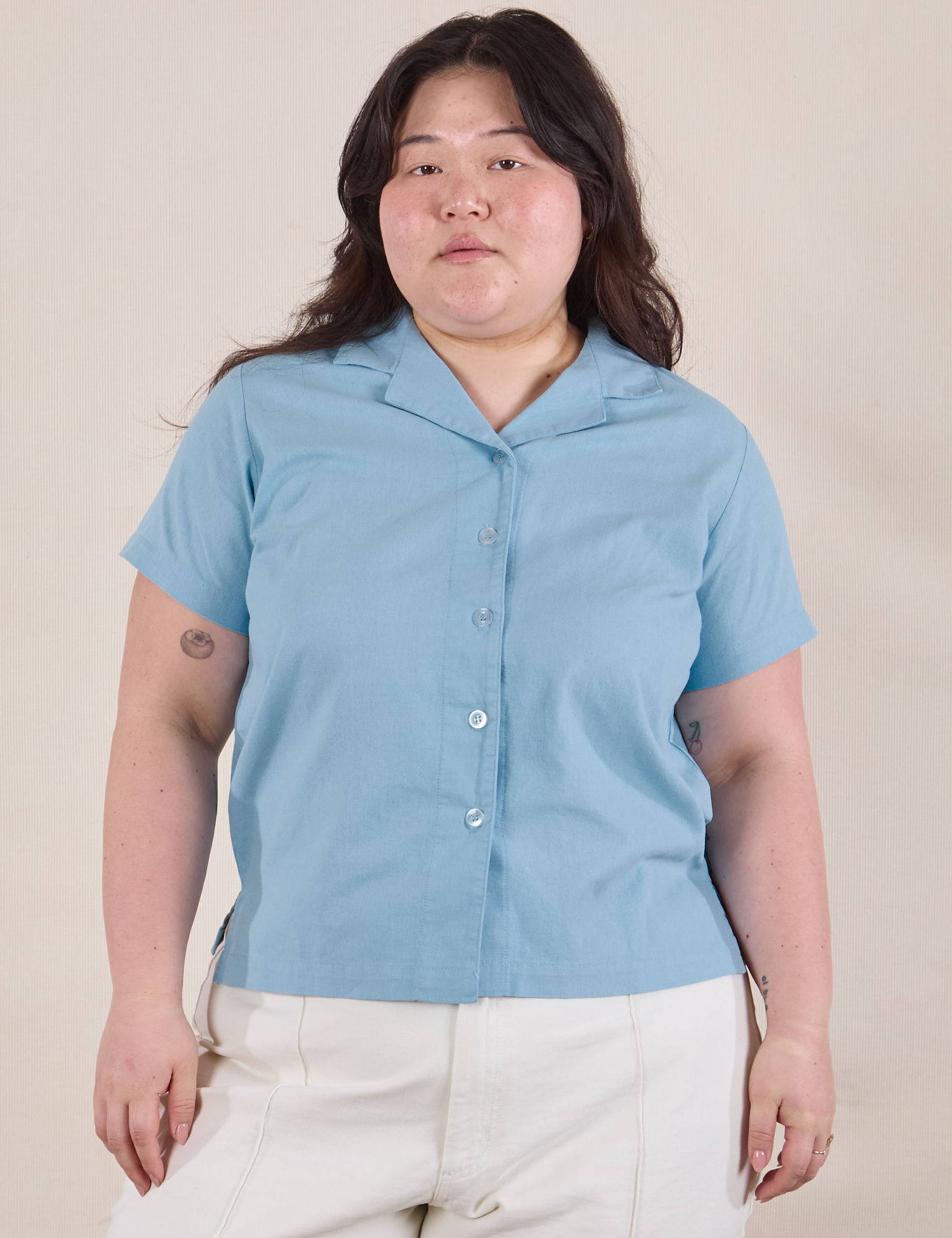 Pantry Button-Up in Baby Blue worn by Ashley