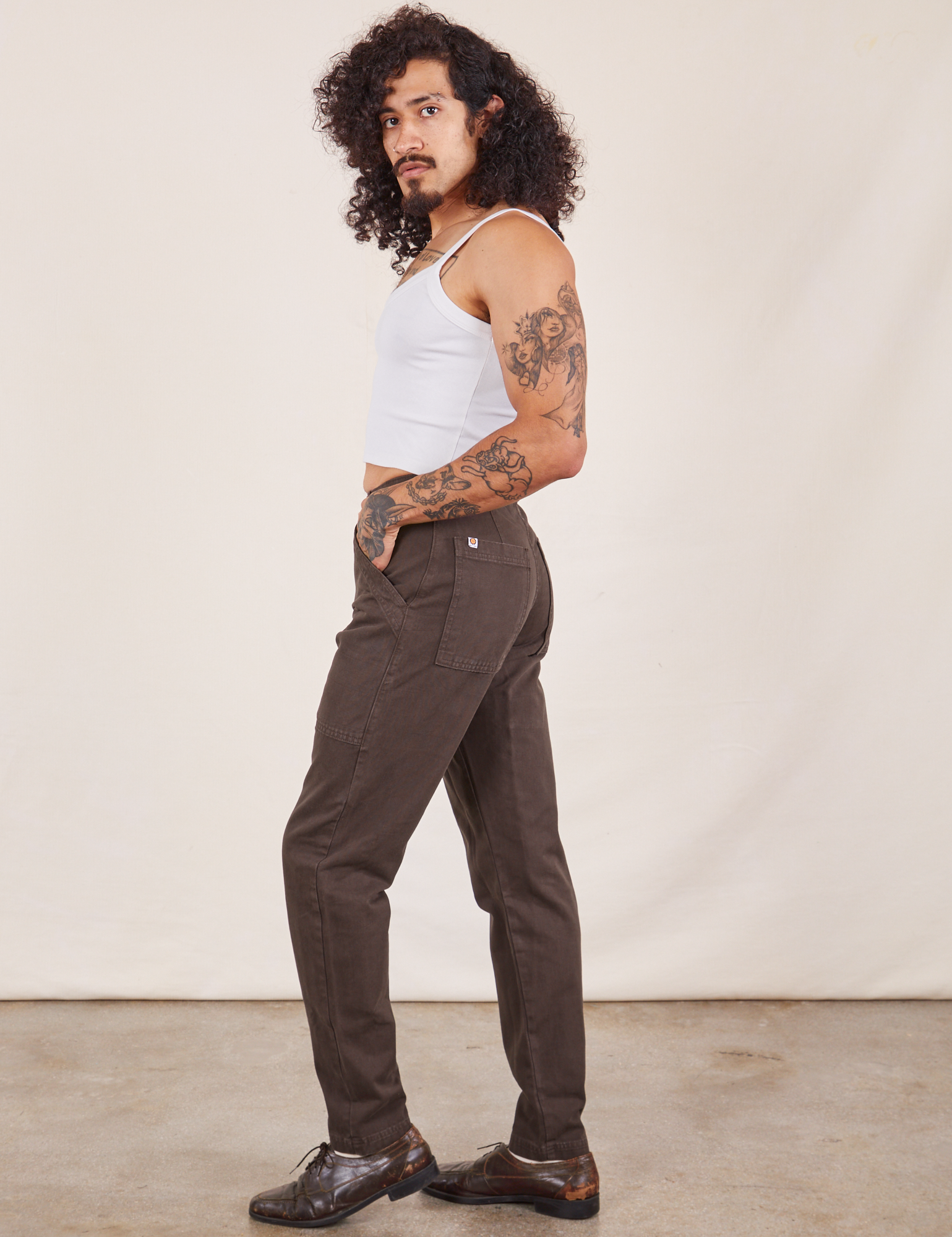 Side view of Pencil Pants in Espresso Brown and Cropped Cami in vintage tee off-white on Jesse