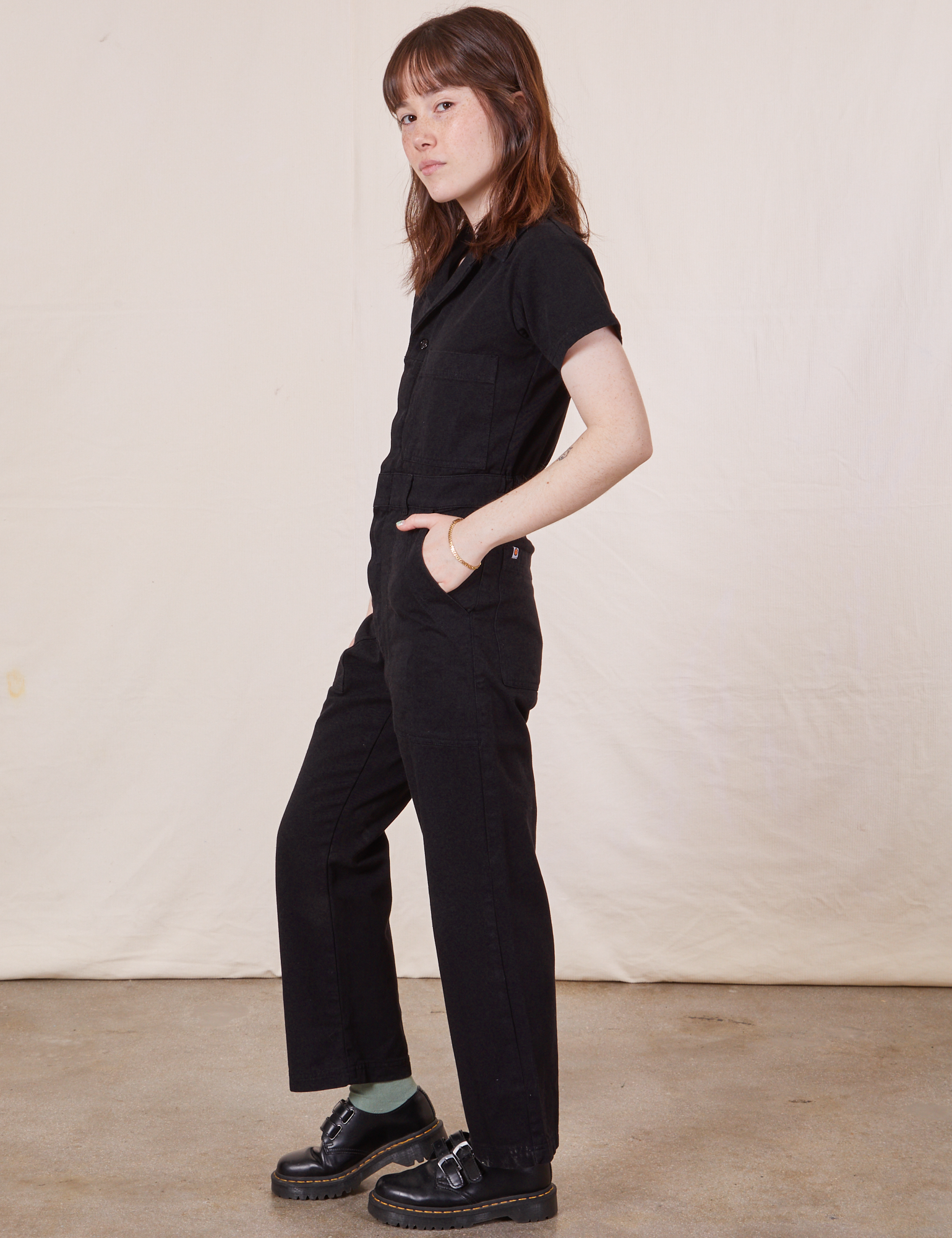 Petite Short Sleeve Jumpsuit in Basic Black side view on Hana