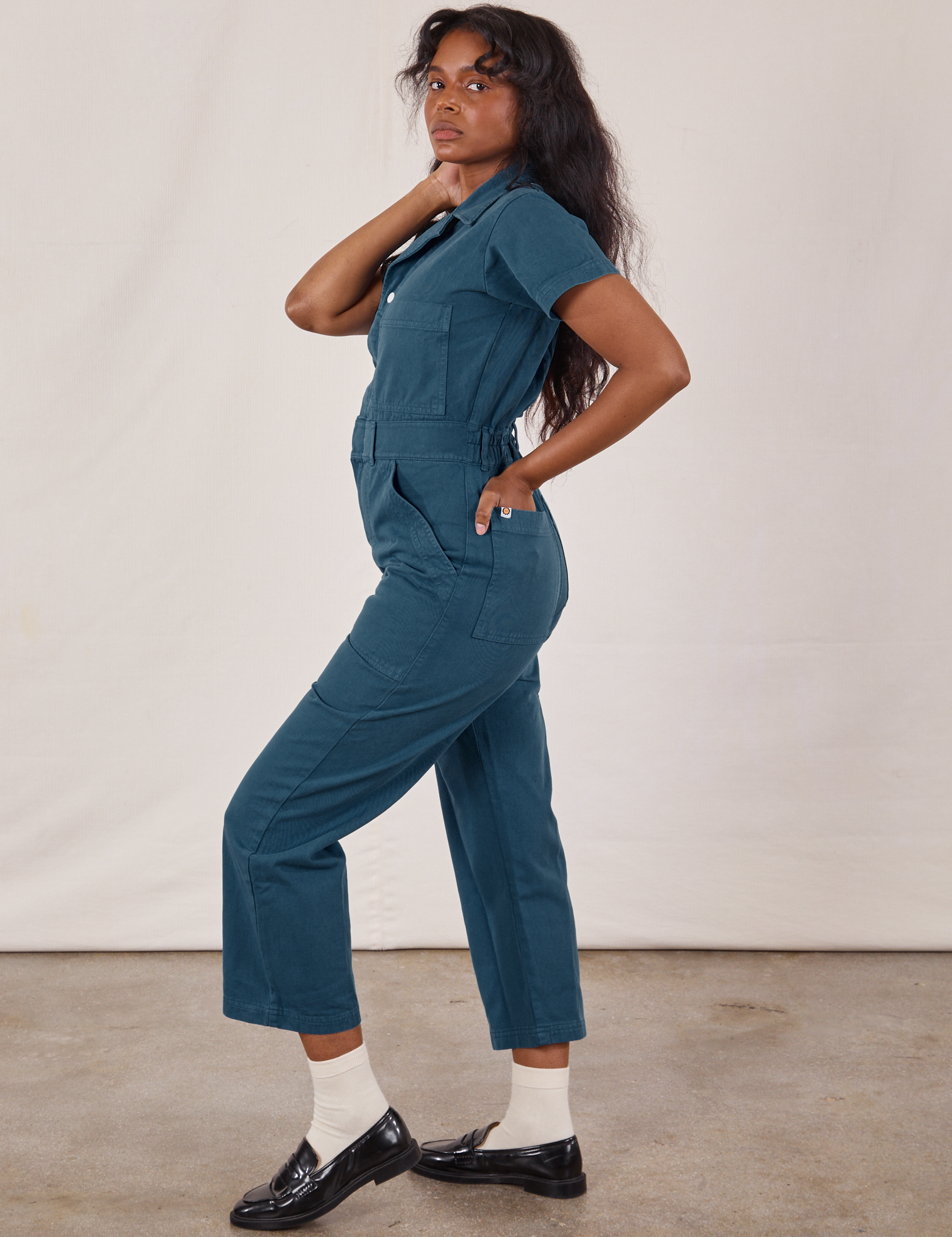Petite Short Sleeve Jumpsuit in Lagoon side view on Kandia