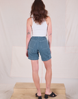 Back view of Railroad Carpenter Shorts in Baby Blue and Cropped Tank in Vintage Tee Off-White