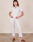 Alex is wearing Short Sleeve Jumpsuit in Vintage Tee Off-White